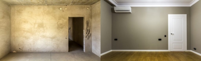 Comparison of a room in an apartment before and after renovation. New house.